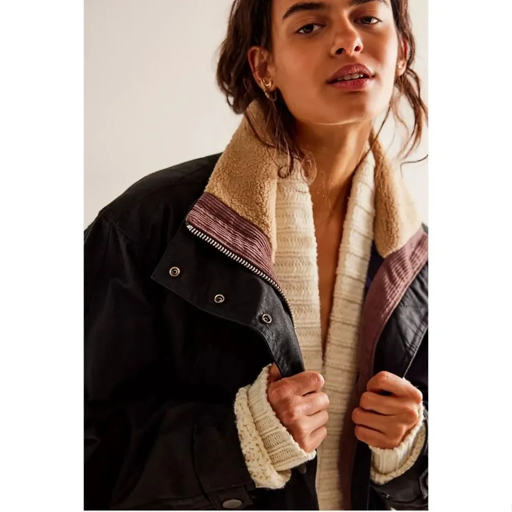 Free People Black Utility Jacket with Cream Lining - Picture 3 of 14